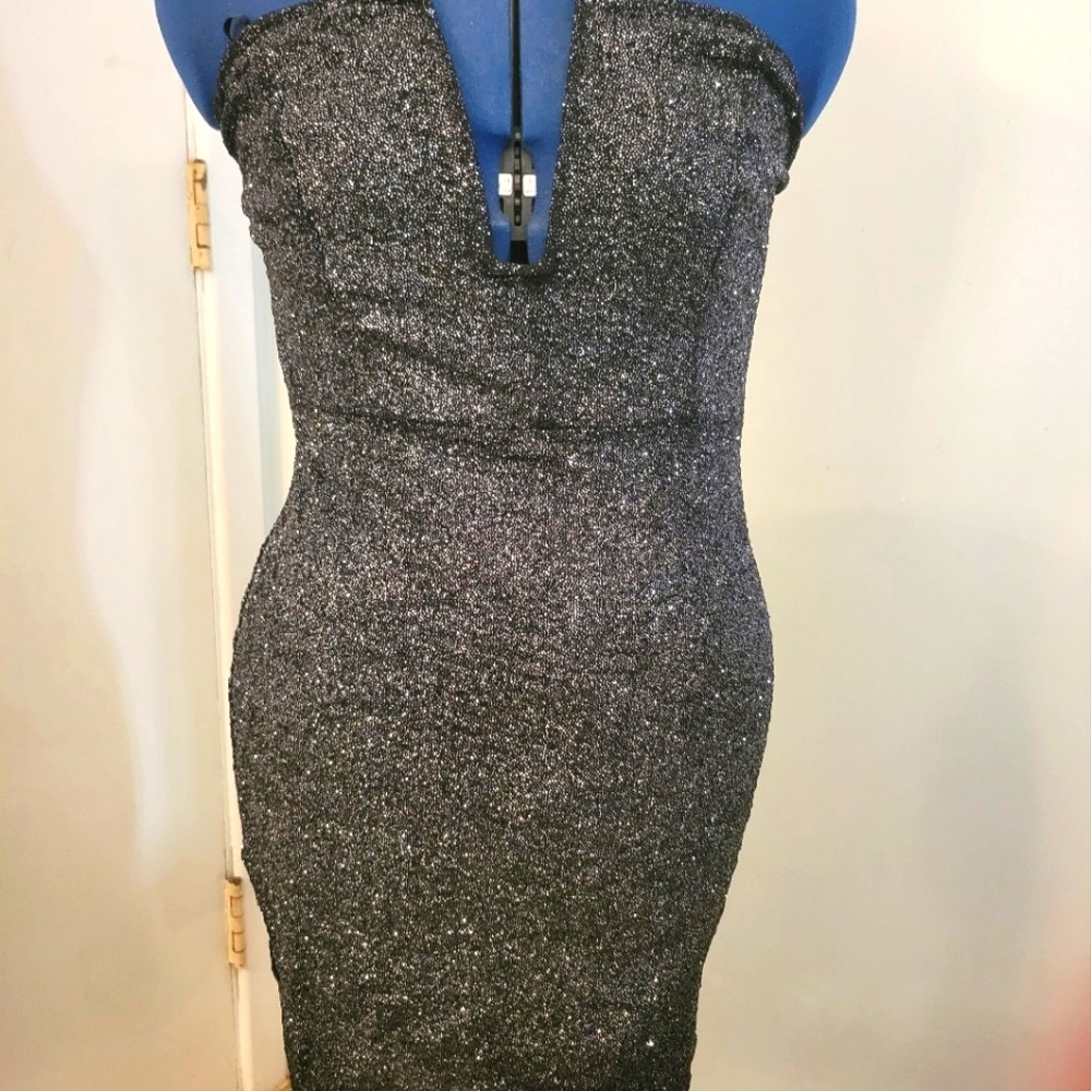 NWT! Forever 21 Black and Silver Glitter Strapless Club Mini Dress, Sz L